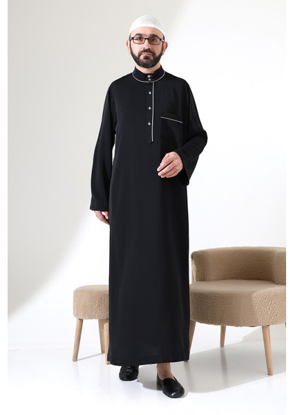 Erkek Hac ve Umre Kıyafeti Hakim Yaka Uzun Dubai Krep Cellabiye Fistan - Siyah fiyatları