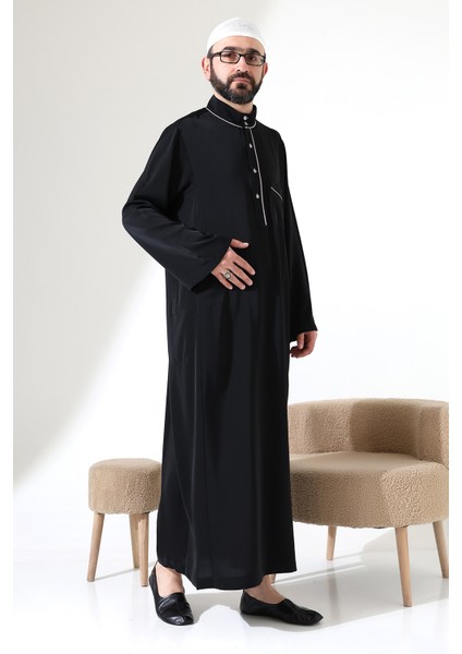 Erkek Hac ve Umre Kıyafeti Hakim Yaka Uzun Dubai Krep Cellabiye Fistan - Siyah modelleri