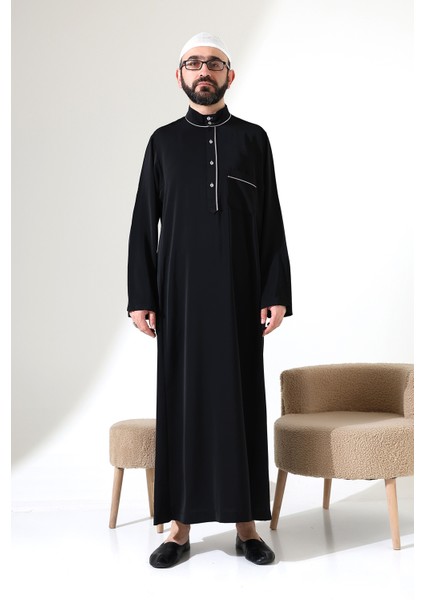 Erkek Hac ve Umre Kıyafeti Hakim Yaka Uzun Dubai Krep Cellabiye Fistan - Siyah fırsatları