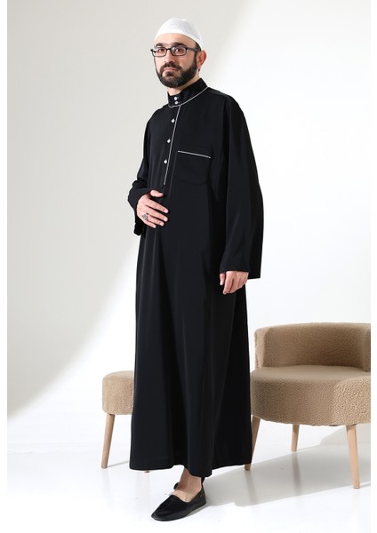 Erkek Hac ve Umre Kıyafeti Hakim Yaka Uzun Dubai Krep Cellabiye Fistan - Siyah indirimleri