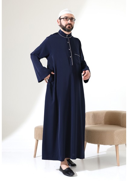 Erkek Hac ve Umre Kıyafeti Hakim Yaka Uzun Dubai Krep Cellabiye Fistan - Lacivert