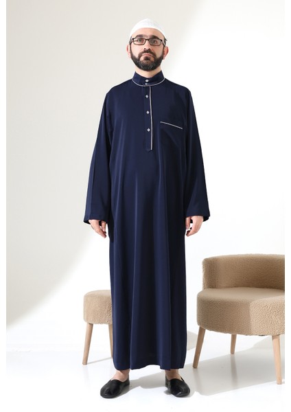 Erkek Hac ve Umre Kıyafeti Hakim Yaka Uzun Dubai Krep Cellabiye Fistan - Lacivert fiyatları