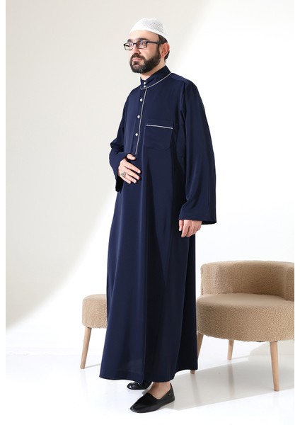 Erkek Hac ve Umre Kıyafeti Hakim Yaka Uzun Dubai Krep Cellabiye Fistan - Lacivert modelleri