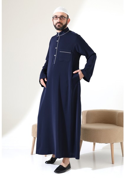 Erkek Hac ve Umre Kıyafeti Hakim Yaka Uzun Dubai Krep Cellabiye Fistan - Lacivert fırsatları