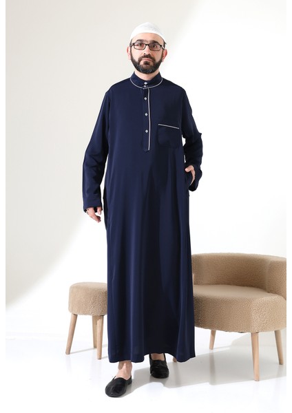 Erkek Hac ve Umre Kıyafeti Hakim Yaka Uzun Dubai Krep Cellabiye Fistan - Lacivert indirimleri