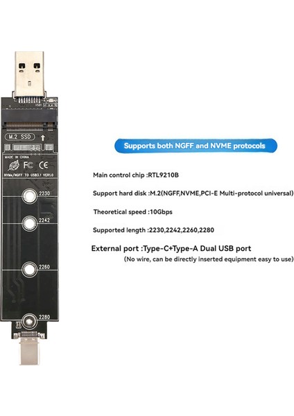 Çift Protokol Tip-C Tip-A M.2 Nvme Pcıe Ngff Usb3.1 Gen2 10GBPS M2 SSD Kasa Adaptör Kartı 2230/2242/2260/2280 Için (Yurt Dışından)