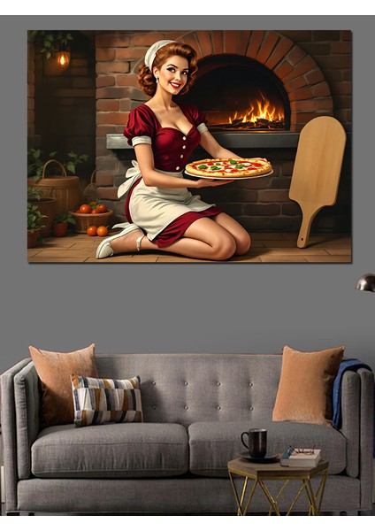 Şömine Başında Pizza Şefi Dekoratif Tablo modelleri
