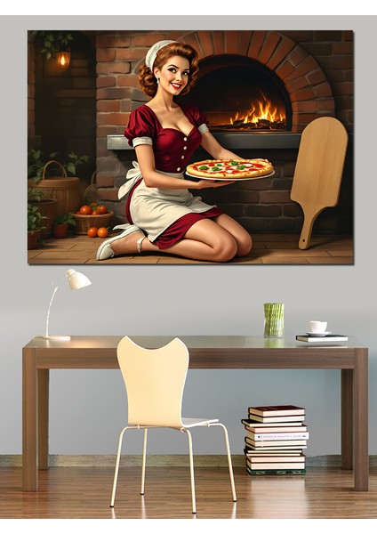 Şömine Başında Pizza Şefi Dekoratif Tablo fırsatları