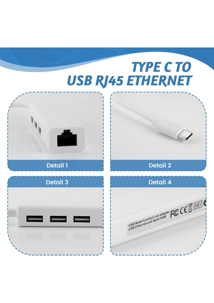 Usb-C USB 3.1 Tip C - RJ45 Ethernet Lan Adaptörü Hub Kablosu Pc Için (Yurt Dışından)