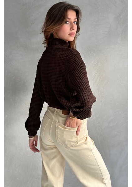 Balıkçı Yaka Dokulu Crop Bluz