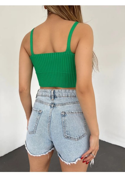 V Yaka Askılı Crop Triko Büstiyer Yeşil - DF2202