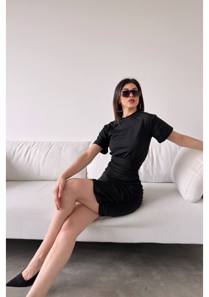 Bisiklet Yaka Drapeli Mini Dalgıç Elbise