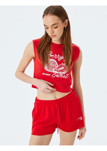 Çilek Baskılı Crop Kolsuz Bisiklet Yaka Atlet