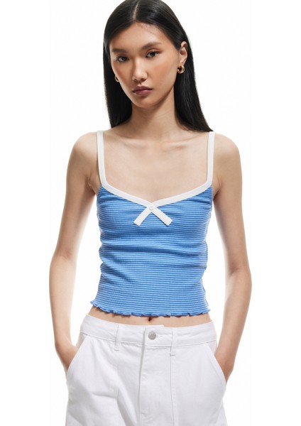 Slim Fit Fiyonk Detaylı Çizgili Ince Askılı Tişört