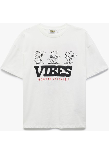 Snoopy Lisanslı Bisiklet Yaka Kısa Kollu Arkası Baskılı Oversize Tişört