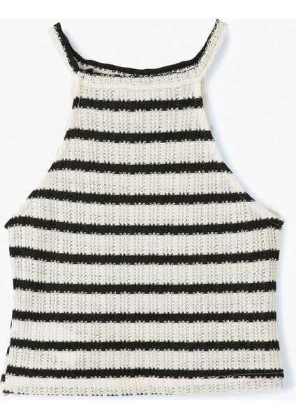 Çizgili Halter Yaka Kolsuz Crop Kroşe Üst modelleri