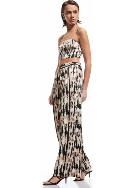 Rahat Kalıp Batik Desenli Cepli Yüksek Bel Palazzo Saten Pantolon fiyatları