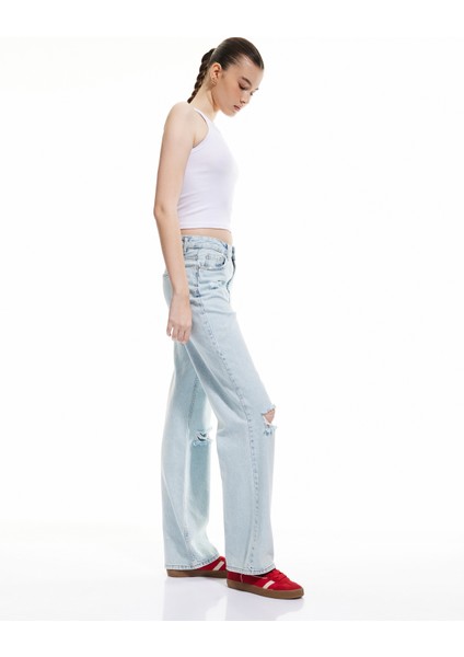 Pamuklu Yıpratma Detaylı Düz Paça Denim Pantolon - Straight Fit Jean fiyatları