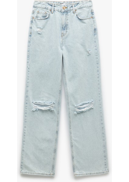 Pamuklu Yıpratma Detaylı Düz Paça Denim Pantolon - Straight Fit Jean fırsatları