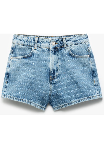 Normal Bel Taş Detaylı Pamuklu Mini Denim Şort