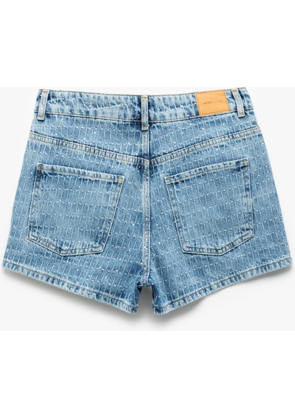 Normal Bel Taş Detaylı Pamuklu Mini Denim Şort