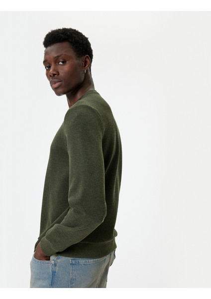 Bisiklet Yaka Dokulu Pamuk Karışımlı Uzun Kollu Basic Sweatshirt