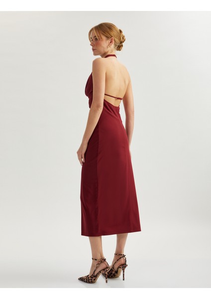 Kolsuz Slim Fit Midi Boy Degaje Yaka Dekolte Elbise