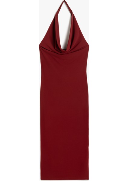 Kolsuz Slim Fit Midi Boy Degaje Yaka Dekolte Elbise