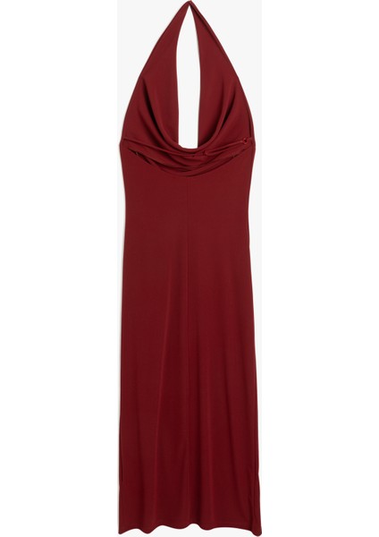 Kolsuz Slim Fit Midi Boy Degaje Yaka Dekolte Elbise