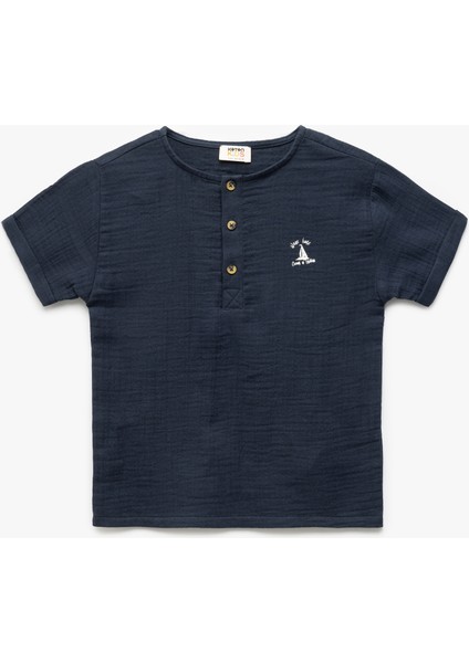 Bisiklet Yaka Düğmeli Kısa Kollu Pamuklu Tişört