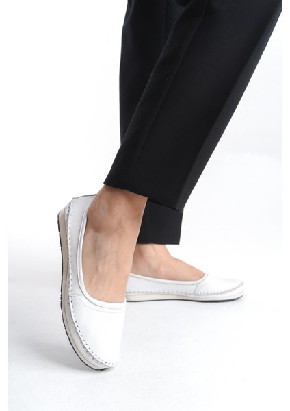 Kadın Deri Babet Dikişli Düz Taban Tam Kalıp Rahat Günlük Ayakkabı