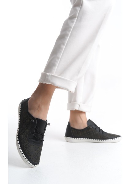 Kadın Deri Bağcıklı Günlük Ayakkabı Rahat Hafif Taban Tam Kalıp Esnek Dikişli Ayakkabı