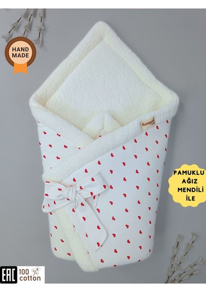 Kışlık Bebek Battaniyesi Kundağı Kalp Desenli Iç Kısmı Polarlı Hastane Çıkışı Yenidoğan Örtü KND45501