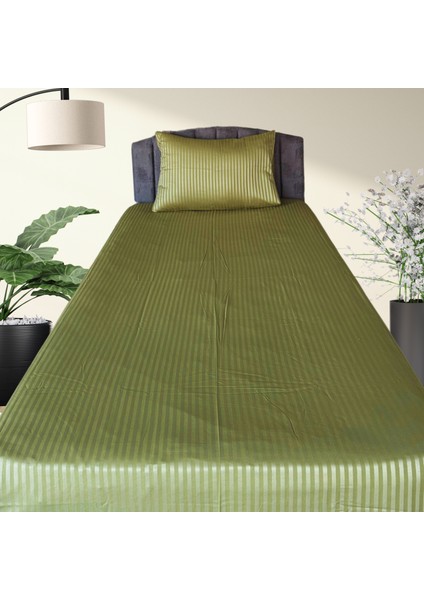 Çizgili Saten Premium Tek Kişilik Çarşaf Seti (%100 Pamuk); Lastikli Çarşaf + Yastık Kılıfı