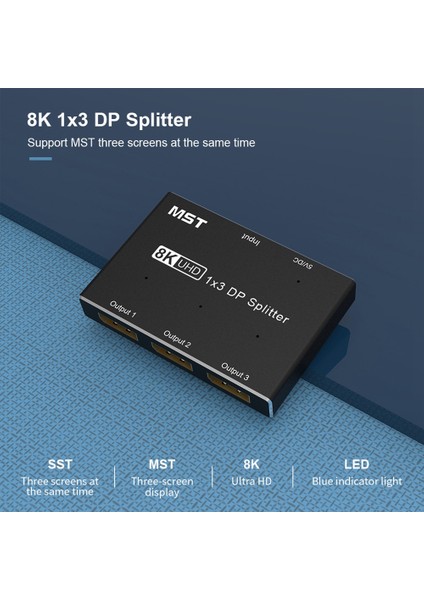 Displayport 8k 1x3 Dp Splitter 8K60Hz 4K120Hzz Hub Genişletilmiş Ekran ve Ayna Modu ile Çoklu Monitör (Yurt Dışından)