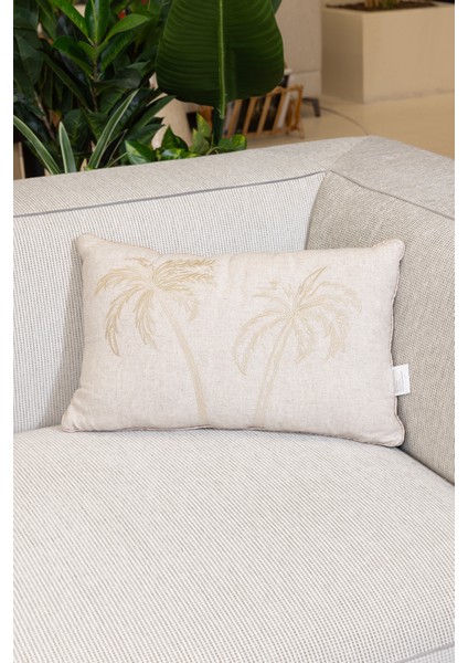 Pure Bej Palmiye Detaylı Dekoratif Boncuk Elyaf Iç Dolgulu Kırlent 30X50 4842