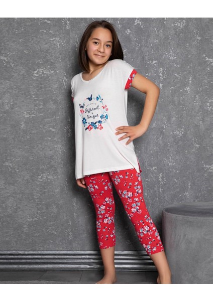 Kız Çocuk Kısa Kol Taytlı Ekru Pijama Takım C7T2N0O-046