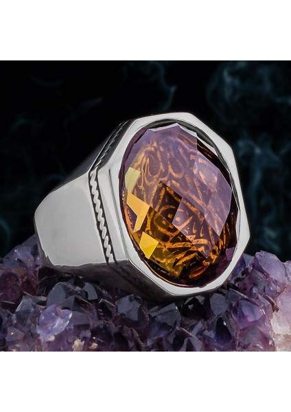 Zultanit Taşlı La Galibe Illallah Yazılı Parlak Gümüş Erkek Yüzük