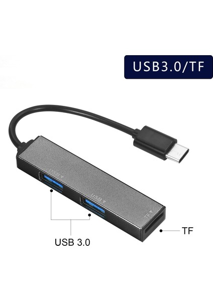 3'ü 1 Arada Type-C USB 3.0 Hub, Tf Kart Okuyucu ve Çoklu Port Adaptör - Gümüş Gri (Yurt Dışından)