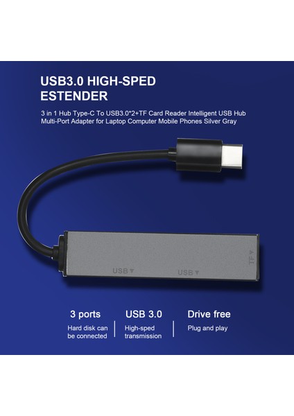 3'ü 1 Arada Type-C USB 3.0 Hub, Tf Kart Okuyucu ve Çoklu Port Adaptör - Gümüş Gri (Yurt Dışından)