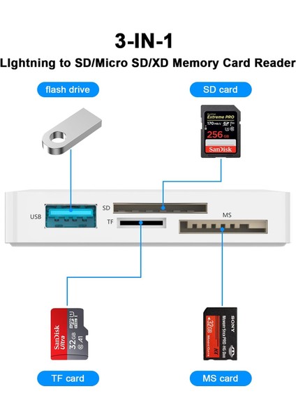 4'ü 1 Arada iPhone Lightning Sd Kart Okuyucu Yüksek Hızlı USB 3.0 Tf Ms Adaptör (Yurt Dışından)