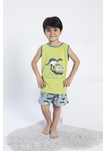 Erkek Çocuk Kalın Askı Şortlu Yeşil Pijama Takım C5T5N0O-047