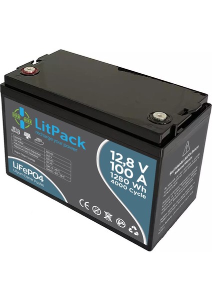 Litpack 12V(12.8V) 100 Ah Lifepo4 Akü (Batarya, Pil) Yüksek Performans Lityum Akü