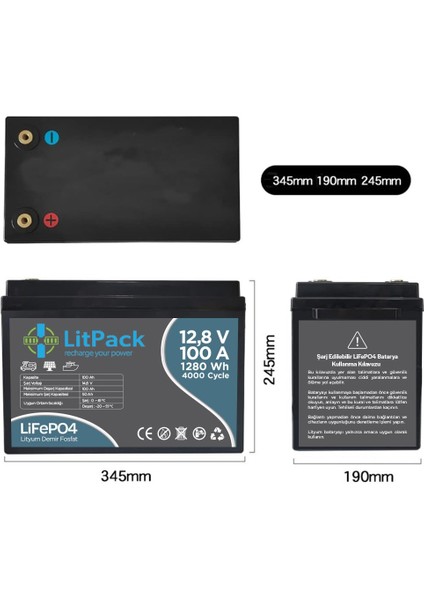 Litpack 12V(12.8V) 100 Ah Lifepo4 Akü (Batarya, Pil) Yüksek Performans Lityum Akü