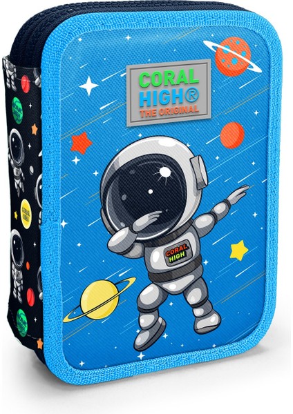 Kids Lacivert Mavi Astronot Desenli Çift Katlı Kalem Çanta 11149