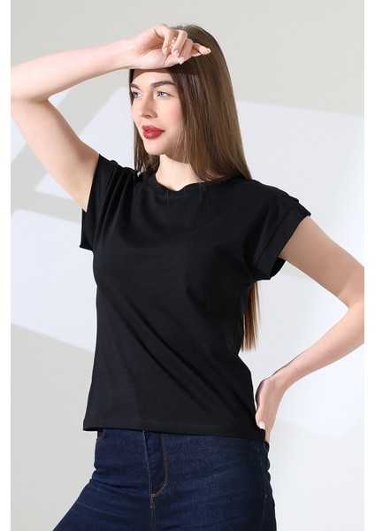 Pamuk Bisiklet Yaka Düşük Kol Basic Kadın T-Shirt 21979 Siyah