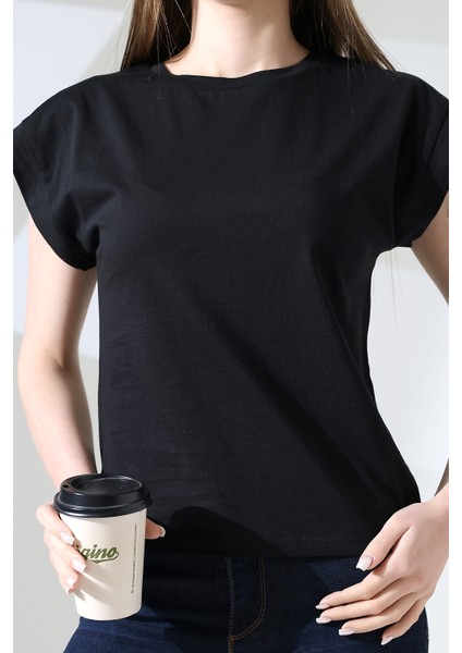 Pamuk Bisiklet Yaka Düşük Kol Basic Kadın T-Shirt 21979 Siyah fiyatları