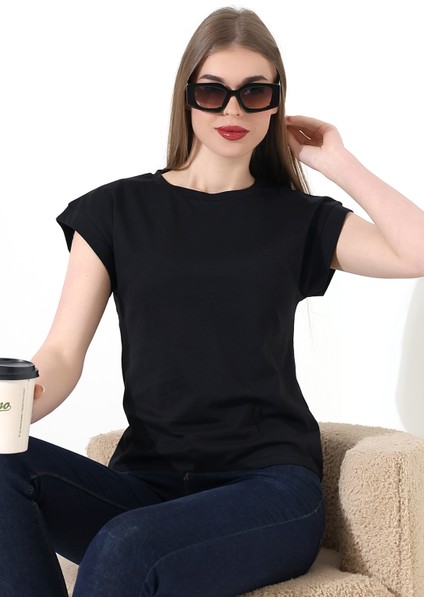 Pamuk Bisiklet Yaka Düşük Kol Basic Kadın T-Shirt 21979 Siyah modelleri