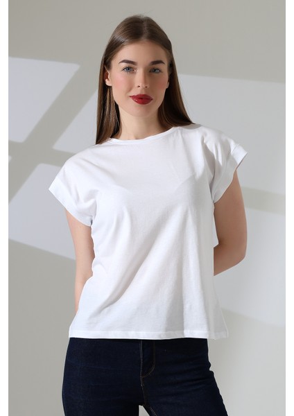 Pamuk Bisiklet Yaka Düşük Kol Basic Kadın T-Shirt 21979 Beyaz