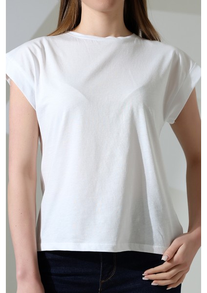 Pamuk Bisiklet Yaka Düşük Kol Basic Kadın T-Shirt 21979 Beyaz fiyatları